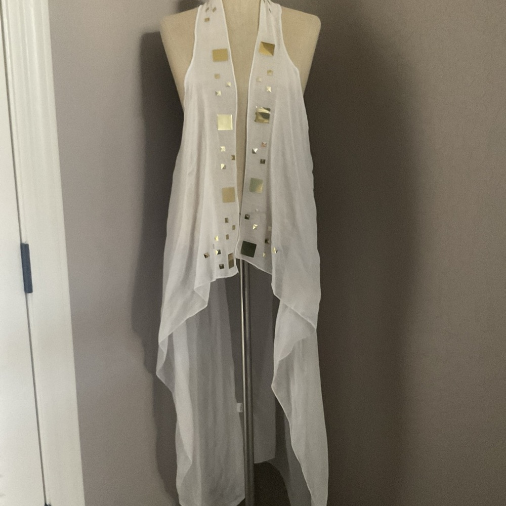 swim cover up white sheer cotton maxi from Turkey with Gold Accents Sz M